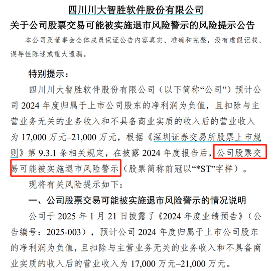 川大智胜可能被实施退市风险警示，预计2024年归母净利润为负值图1