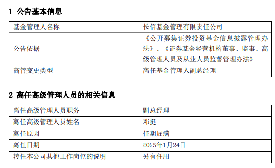任期3年6月 长信基金邓挺离任副总经理图1